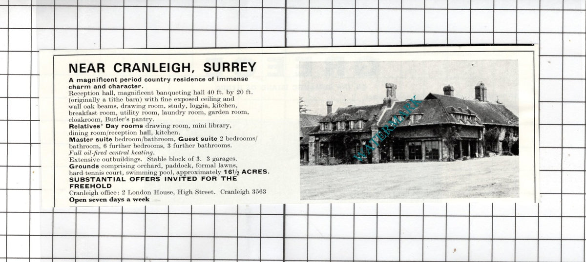 Near Cranleigh Surrey House Sale Advert - 1972