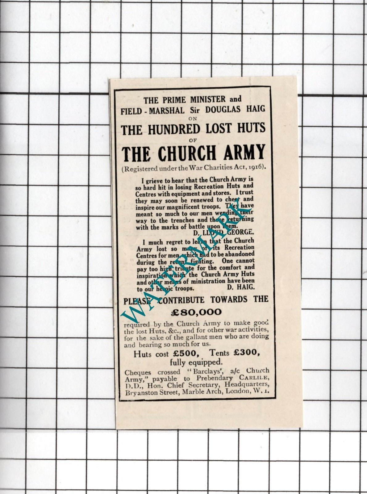 The Church Army Hundred Lost Huts World War One Douglas Haig - 1918 Small Advert