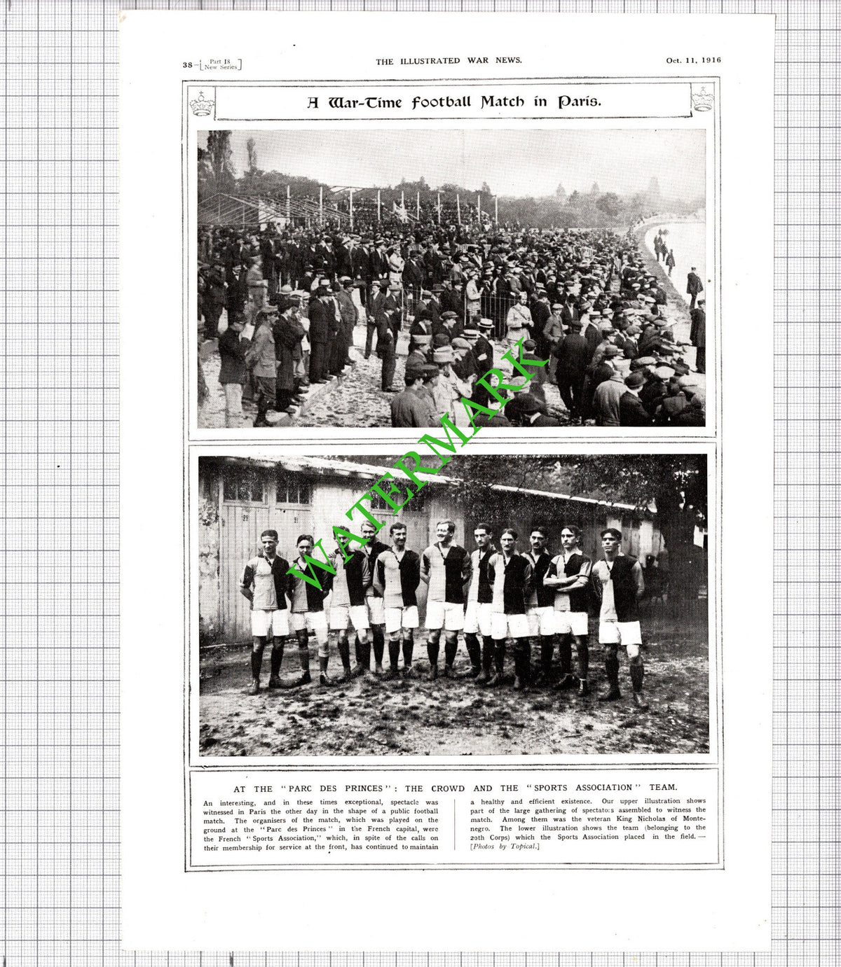 Parc Des Princes Paris France Football 20th Corps WW1 - 1916 Cutting  / Print