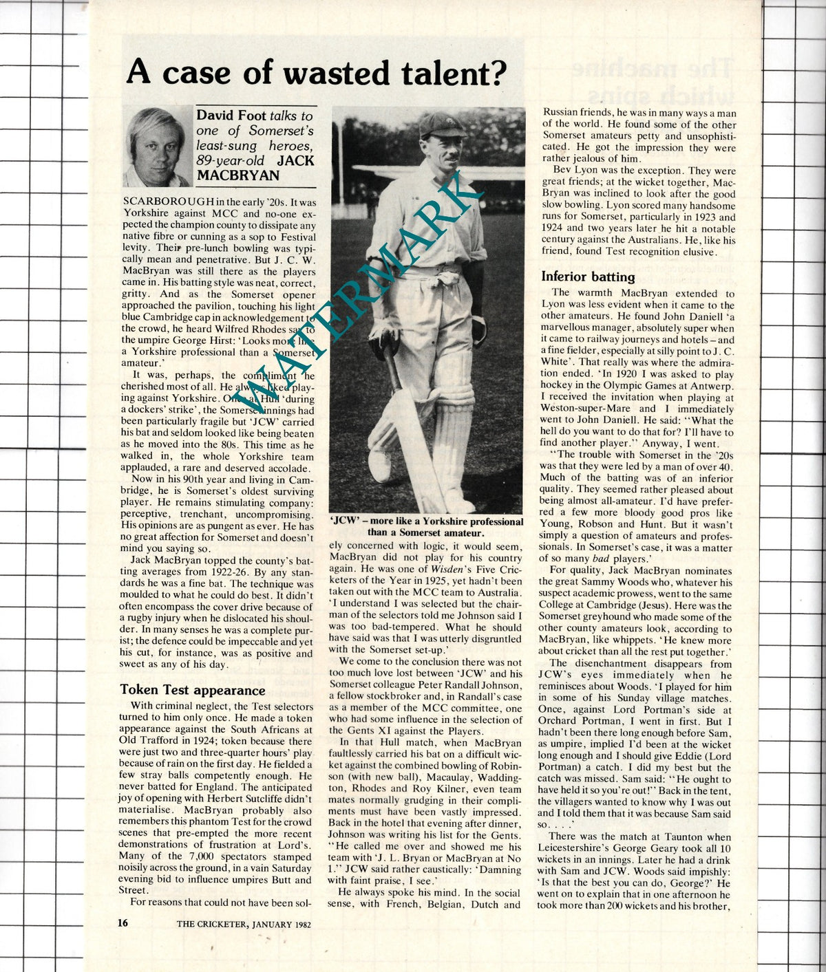 Jack MacBryan Cricketer Cricket  - 1982 Article