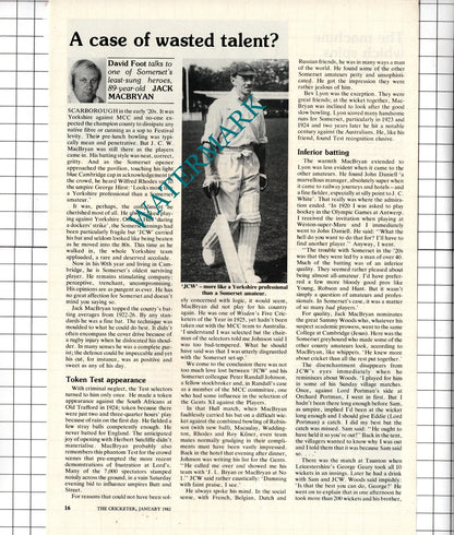 Jack MacBryan Cricketer Cricket  - 1982 Article