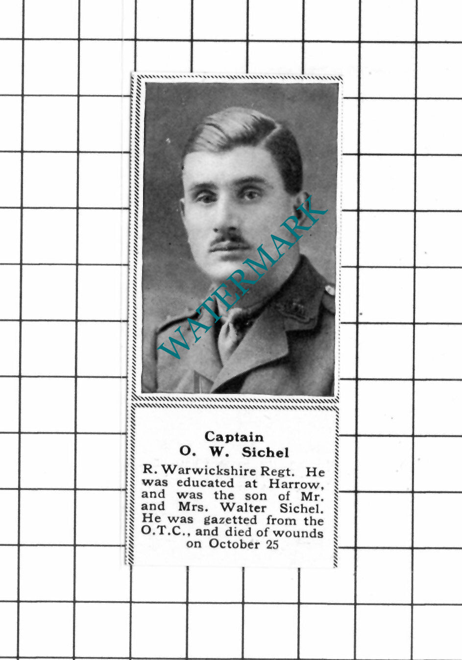 Cpt O W Sichel Royal Warwickshire Regt Walter WW1 - c.1918 SMALL Clipping