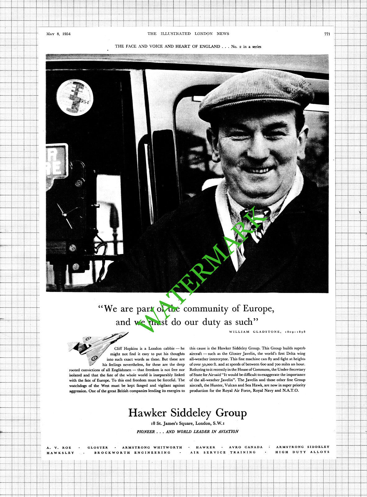 Cliff Hopkins Hawker Siddeley Group Advert - 1954 Cutting / Print