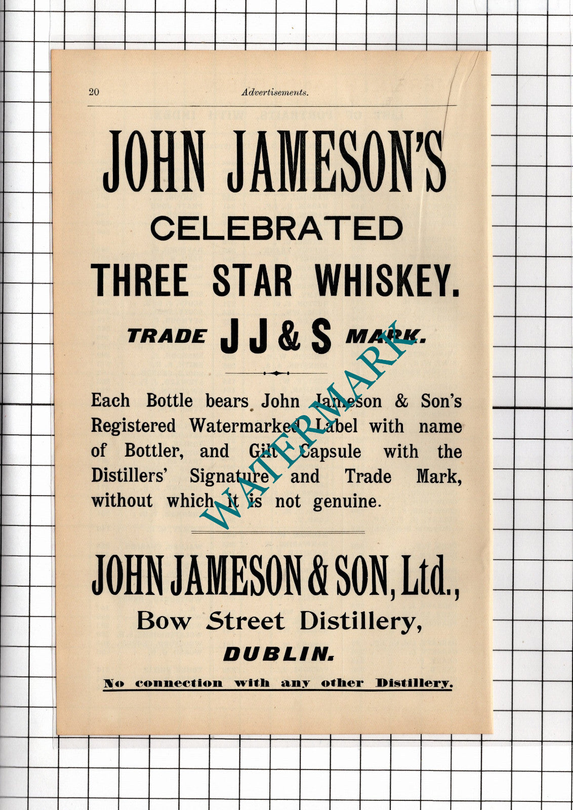 John Jameson's Whiskey  John Jameson & Son Ltd Dublin Advert - 1902 Cutting