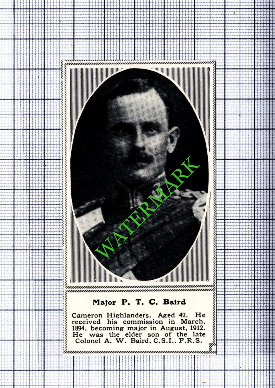 Major P T C Baird Cameron Highlanders WW1 - 1915 SMALL Cutting