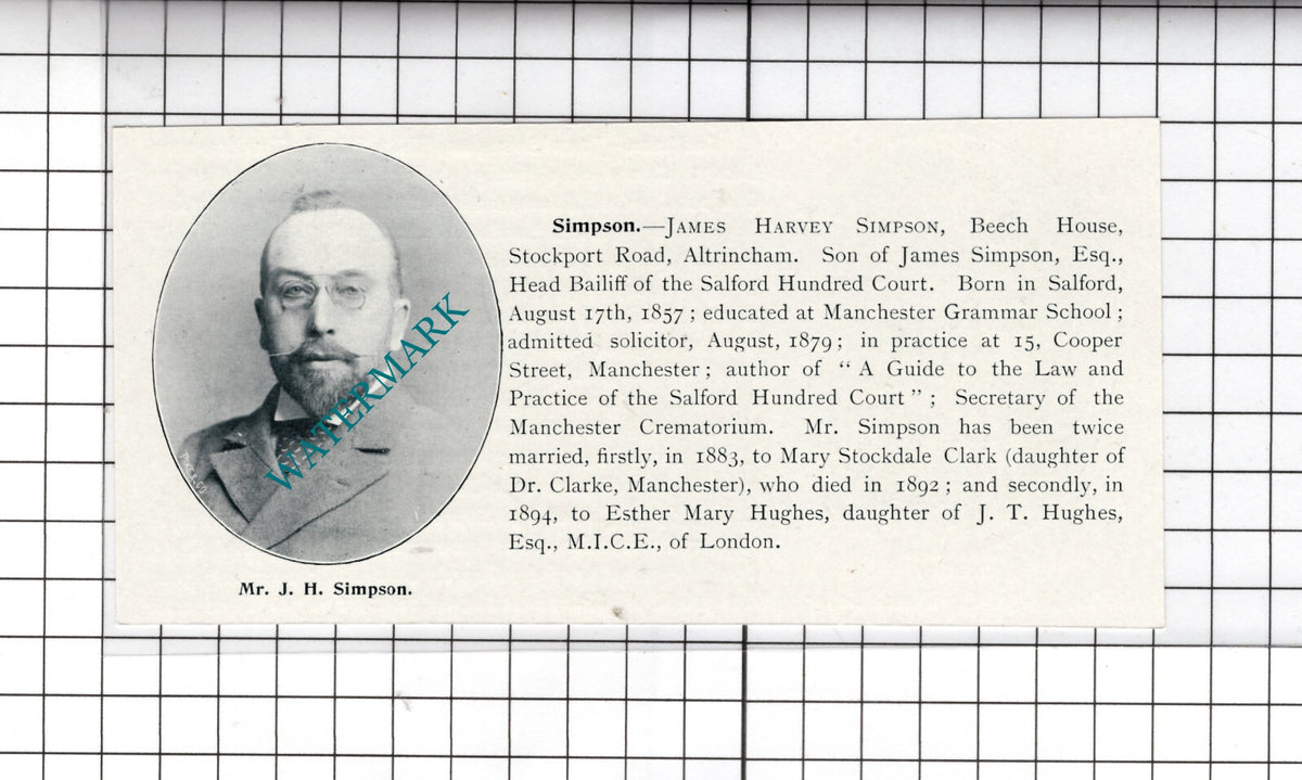 James Harvey Simpson Beech House Altrincham Manchester - c.1900 Cutting