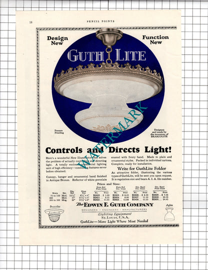 The Edwin F Guth Company St Louis USA GuthLite  - c.1927 Two-Part Advert