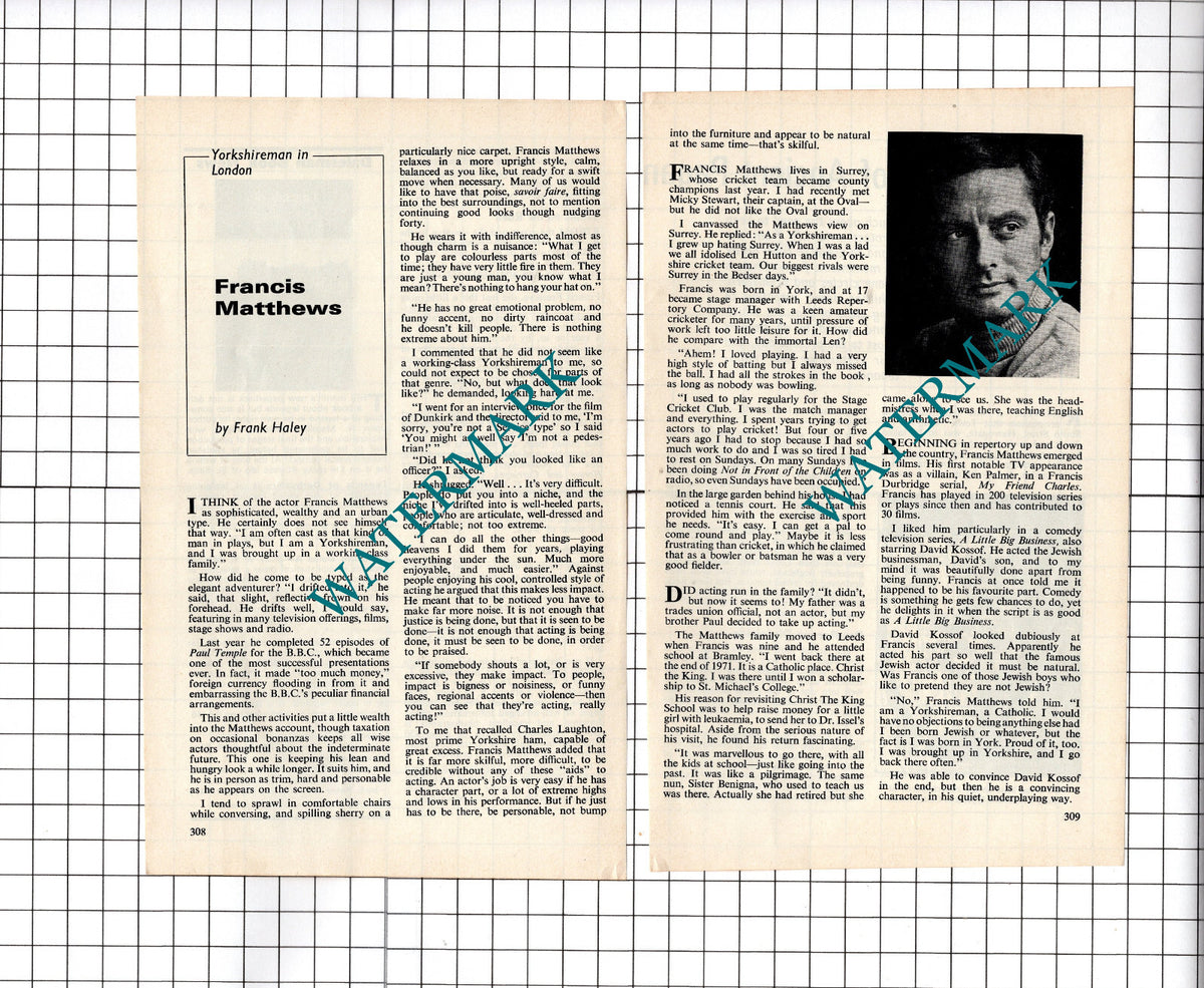 Francis Matthews Actor  -   1972 Article