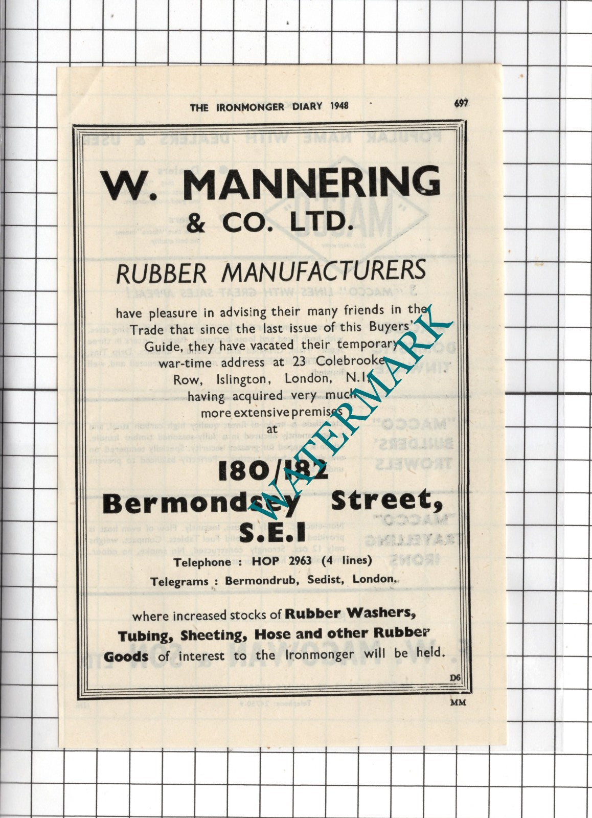 W Mannering & Co Ltd London Rubber Manufacturers  - 1948 Small Advert