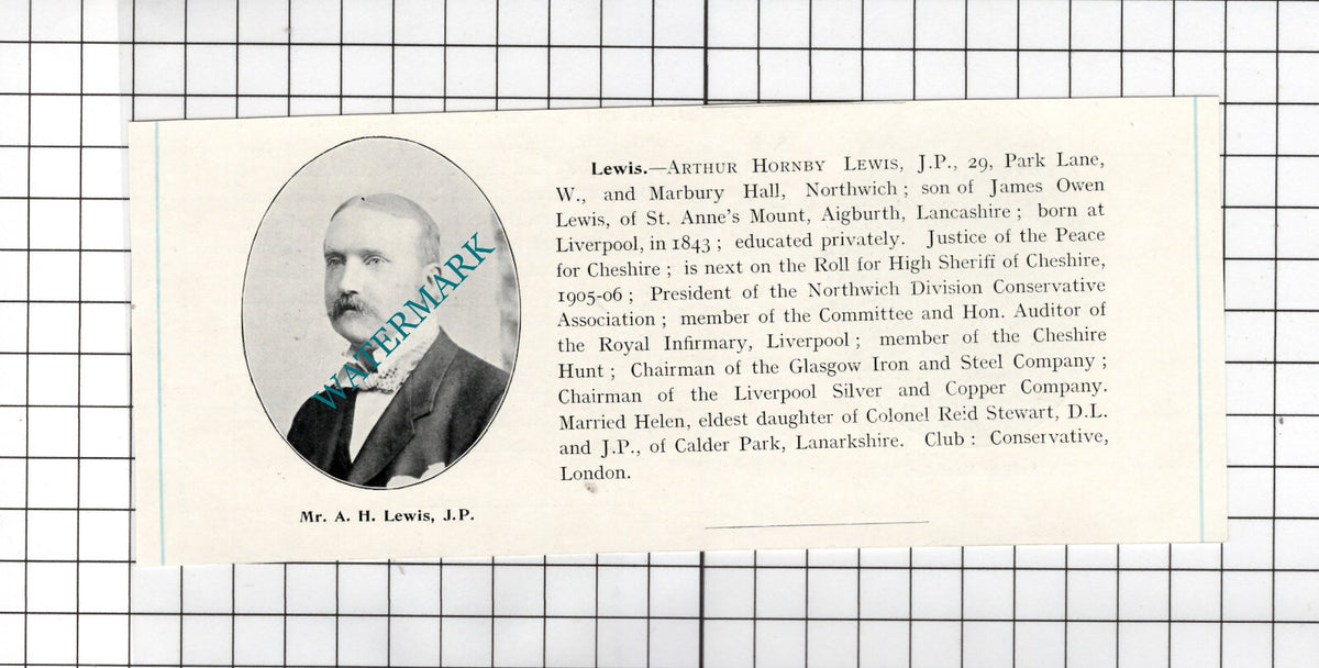 Arthur Hornby Lewis  Marbury Hall Northwich 29 Park Lane London - 1910 Cutting