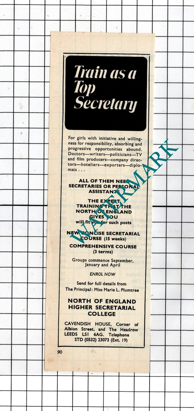 North Of England Higher Secretarial College Leeds Marie Plumtree - 1971 Advert