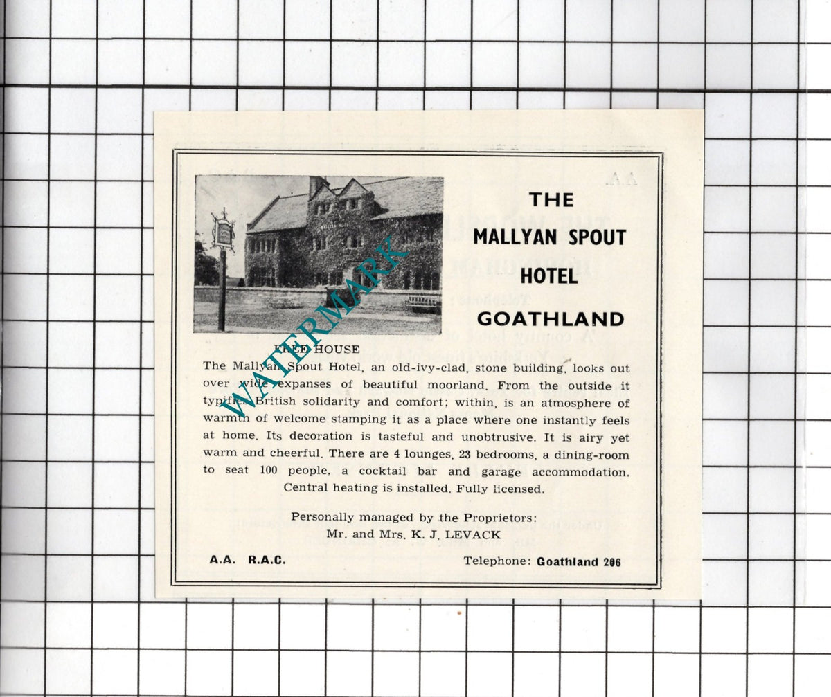 Mallyan Spout Hotel Goathland Yorkshire Mr & Mrs K J Levack c.1960s Small Advert