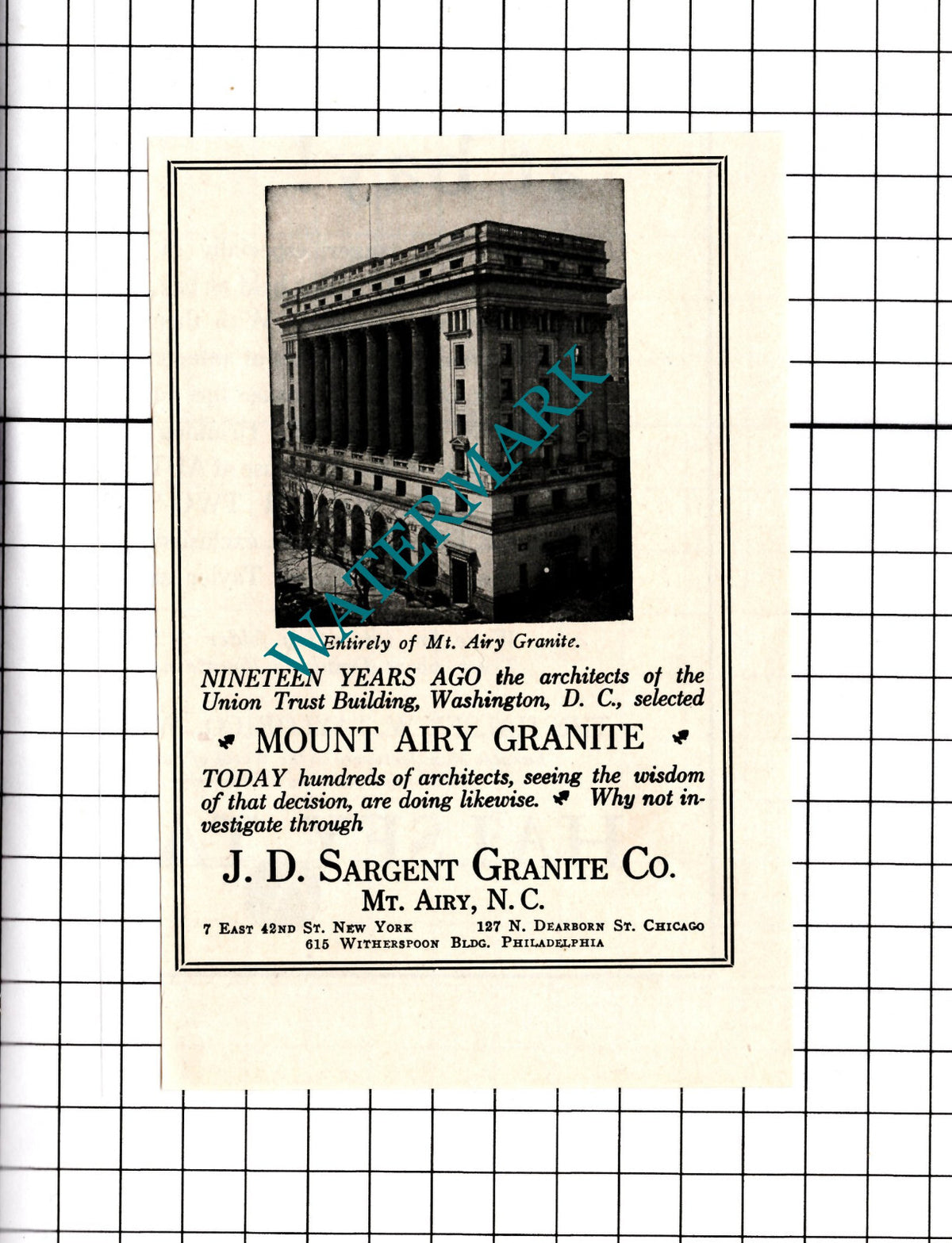 Union Trust Building Washington DC JD Sargent Granite  - 1926 Small Advert