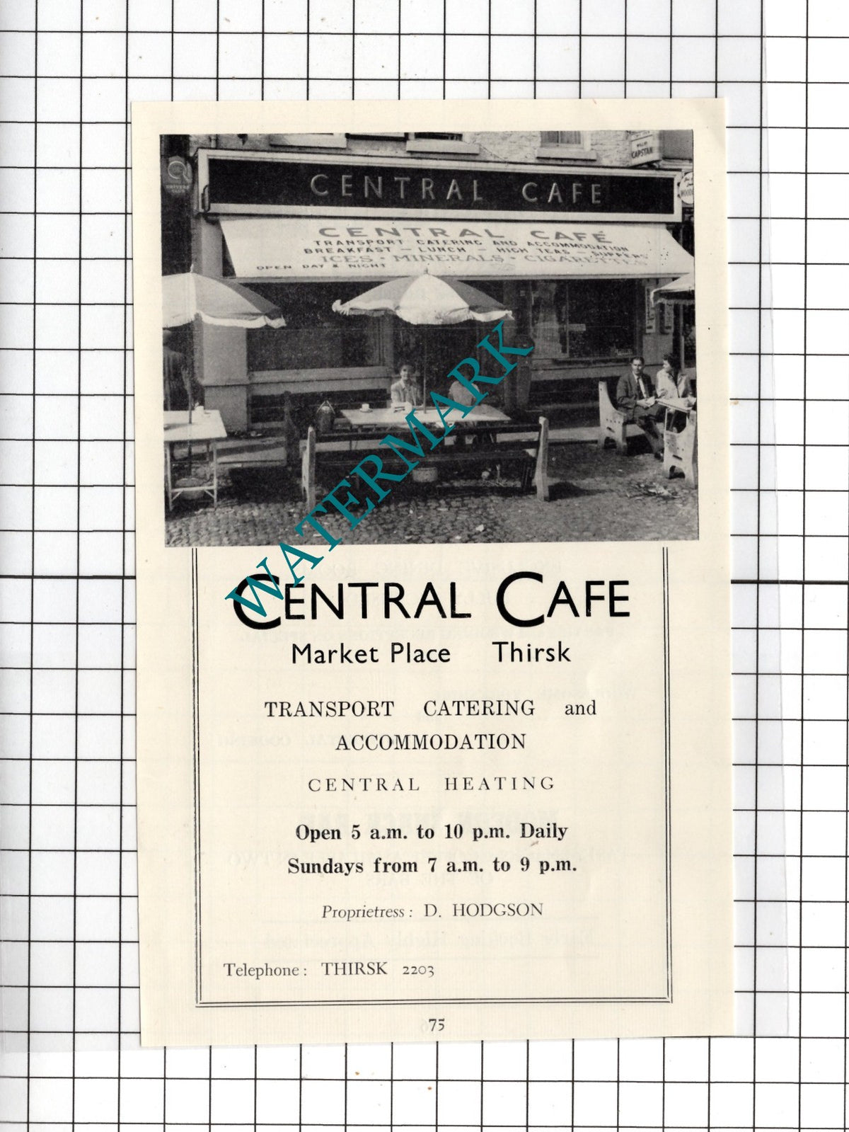 Central Cafe Thirsk Yorkshire D Hodgson / Flask Inn Hotel - c.1960s Advert