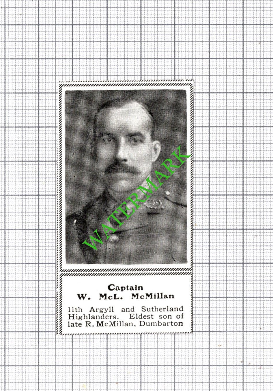 Capt W McL McMillan 11th Argyll and Sutherland Highlanders  c.1918 SMALL Cutting