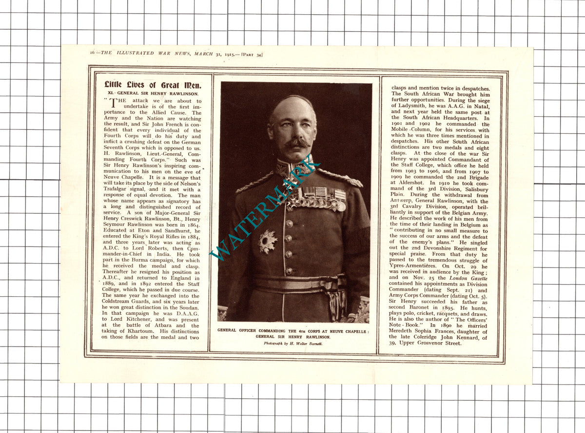General Sir Henry Rawlinson Great War WW1 - 1915 Clipping / Print