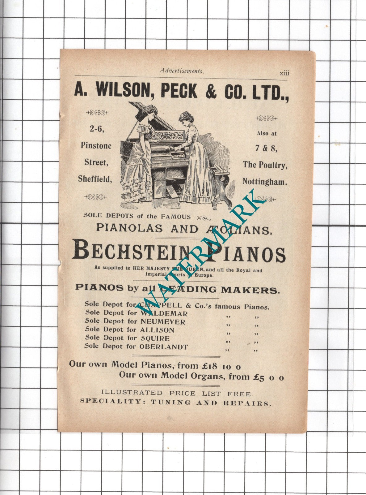A Wilson Peck & Co Ltd Sheffield Pianos / TGR Murgatroyd Athol Hotel 1902 Advert