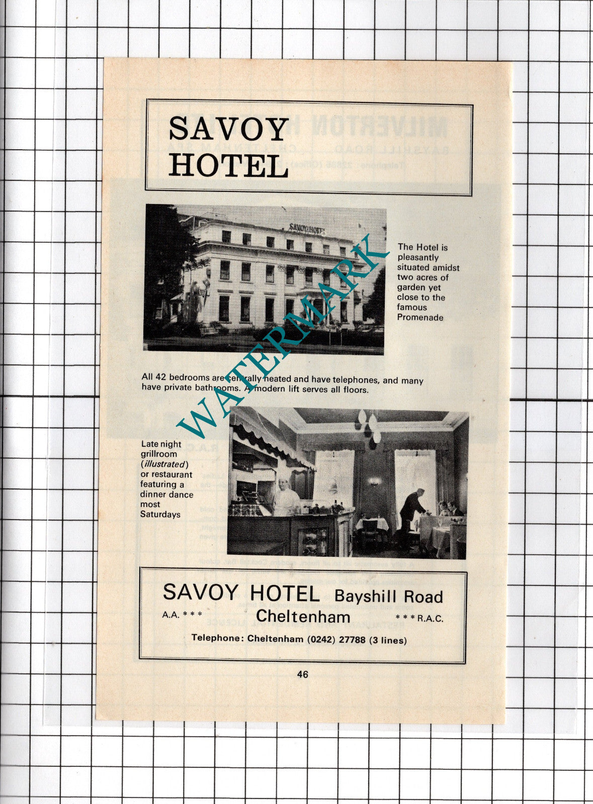 Savoy Hotel Cheltenham   / Milverton Hotel David Runciman - 1970's Advert