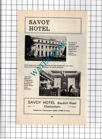 Savoy Hotel Cheltenham   / Milverton Hotel David Runciman - 1970's Advert