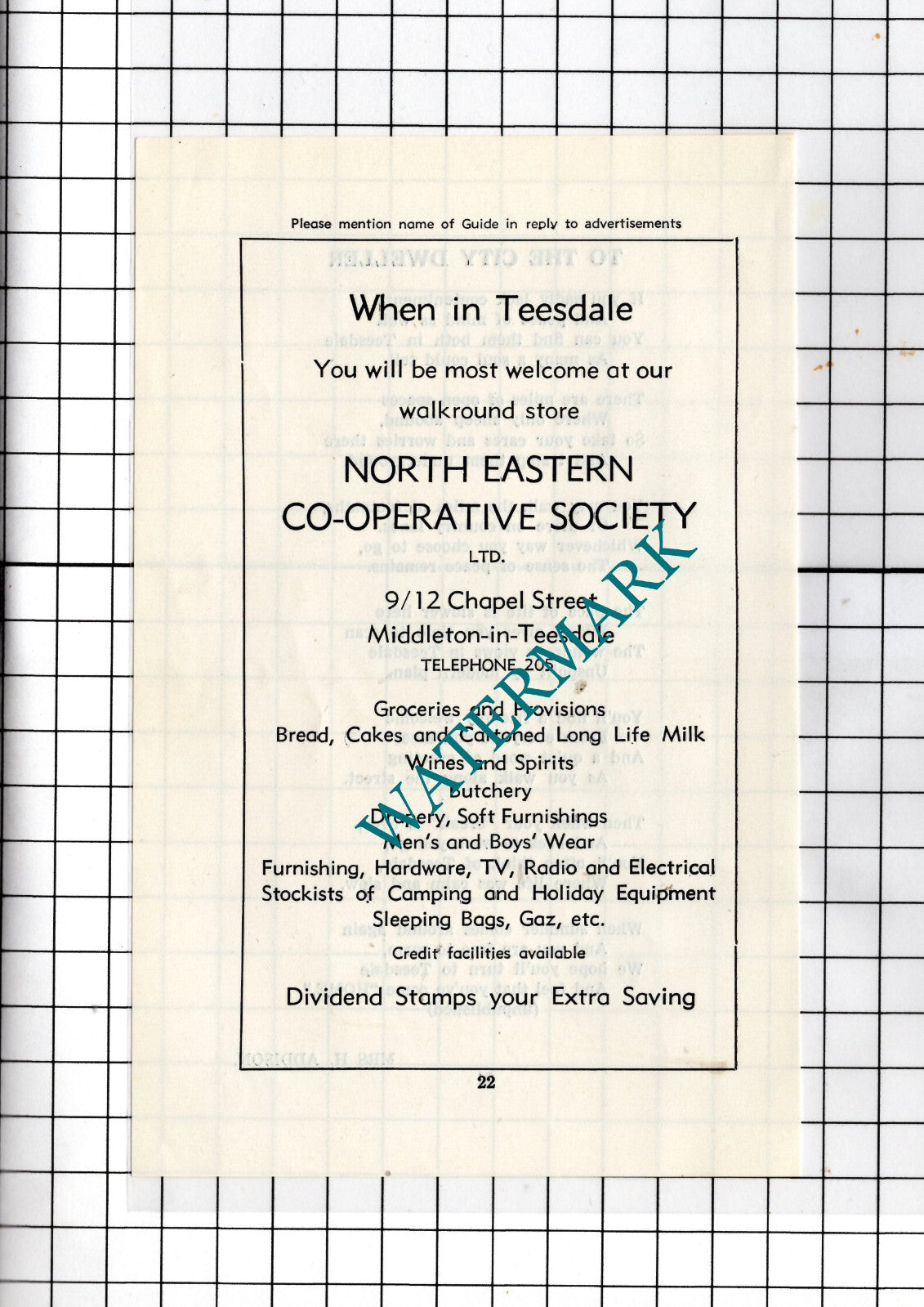 North Eastern Co-Operative Society Middleton-in-Teesdale   -c.1977 Small Advert
