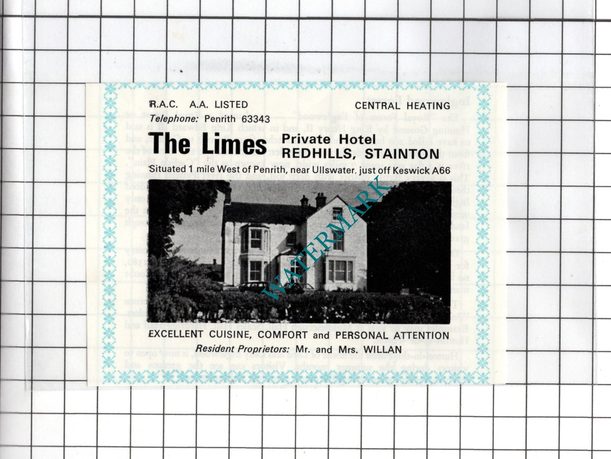 The Limes Hotel Redhills Stainton Cumbria Willan - c.1975 SMALL Advert