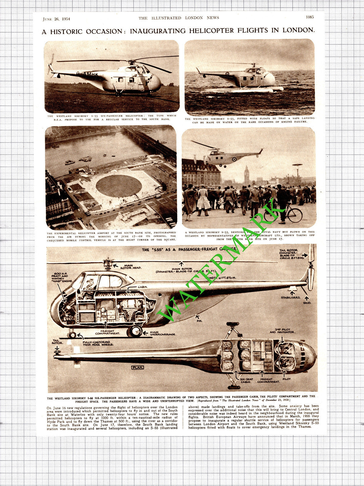 Westland Sikorsky Helicopter South Bank London - 1954 Cutting / Print