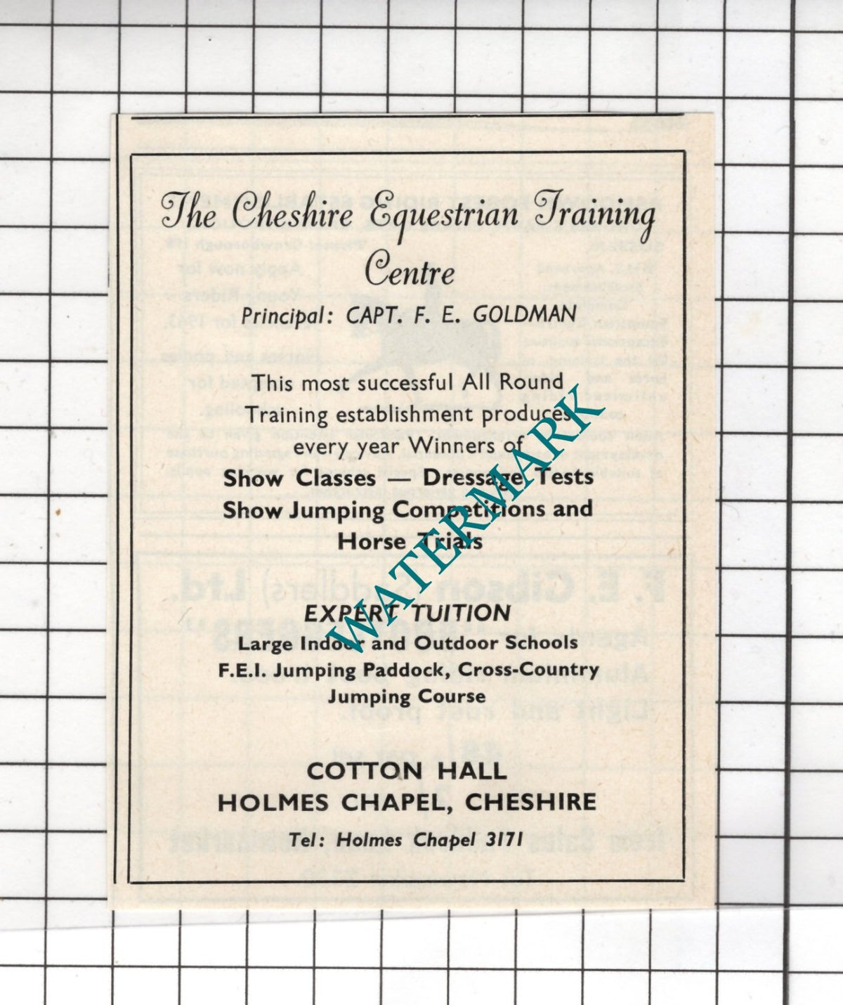 Cheshire Equestrian Training  Cotton Hall Holmes Chapel Goldman - 1962  Advert