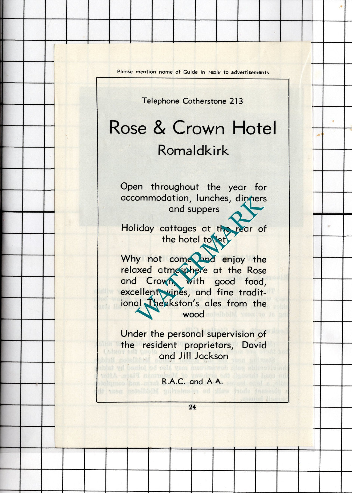 Rose & Crown Hotel Romaldkirk Durham David & Jill Jackson   -c.1977 Small Advert