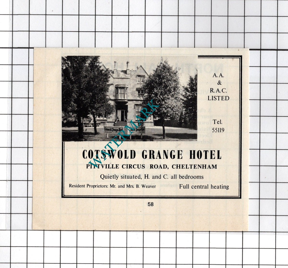 Cotswold Grange Hotel Cheltenham Gloucestershire Weaver -  c.1970's Small Advert