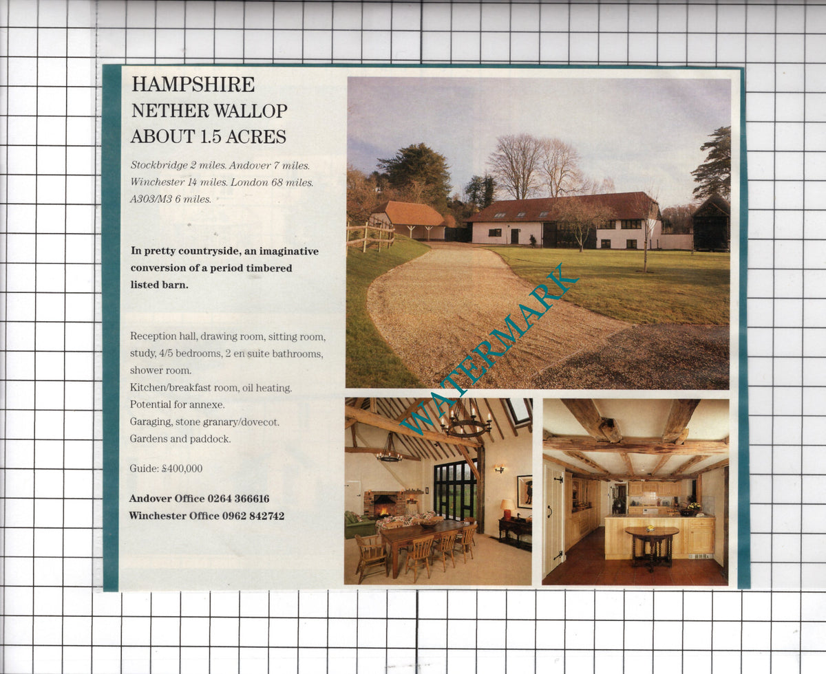 Nether Wallop Hampshire House Sale Advert - 1991 Cutting