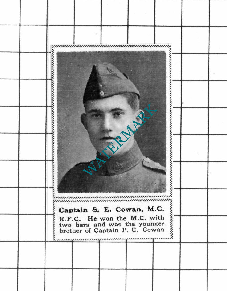 Captain S E Cowan Royal Flying Corps RFC WW1 - c.1918 SMALL Clipping / Print