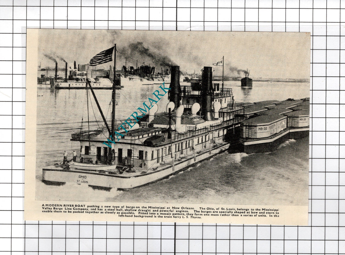The Ohio Of St Louis Mississippi Valley Barge Line River Boat  c.1940's Cutting