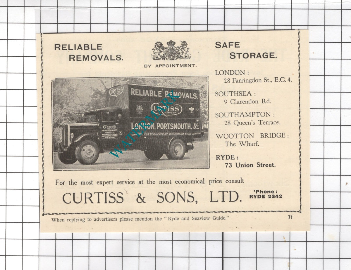 Curtiss & Sons Ltd Removals Ryde Isle Of Wight - 1938 Small Advert