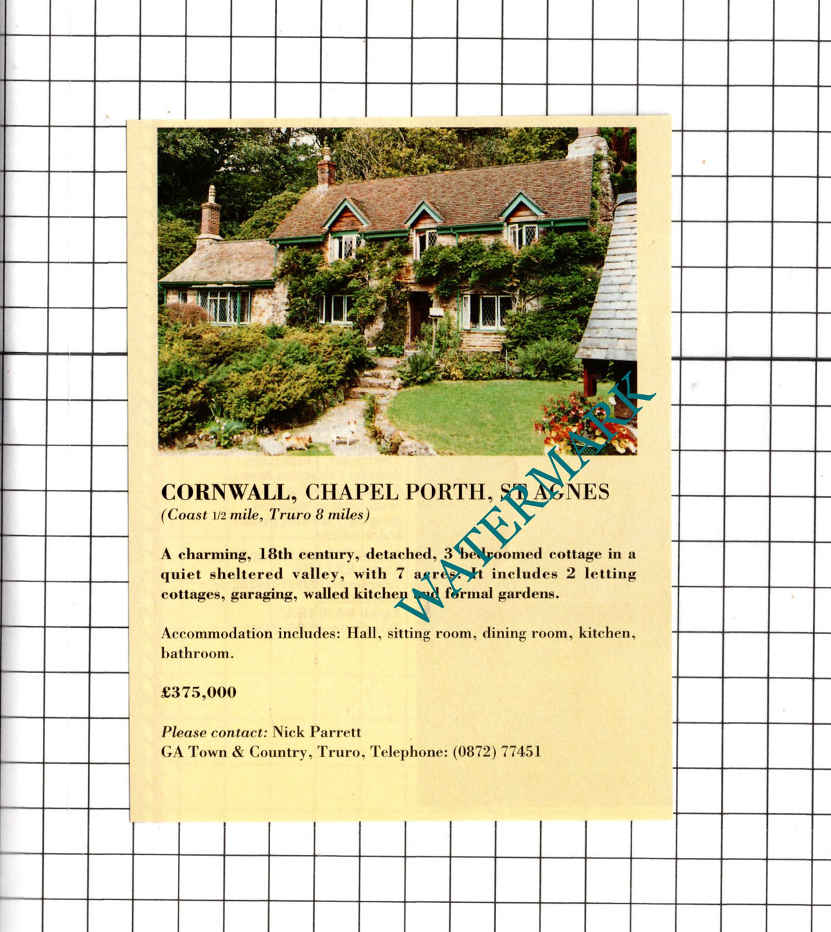 Chapel Porth St Agnes Cornwall House Sale Advert - c.1991 Cutting / Print