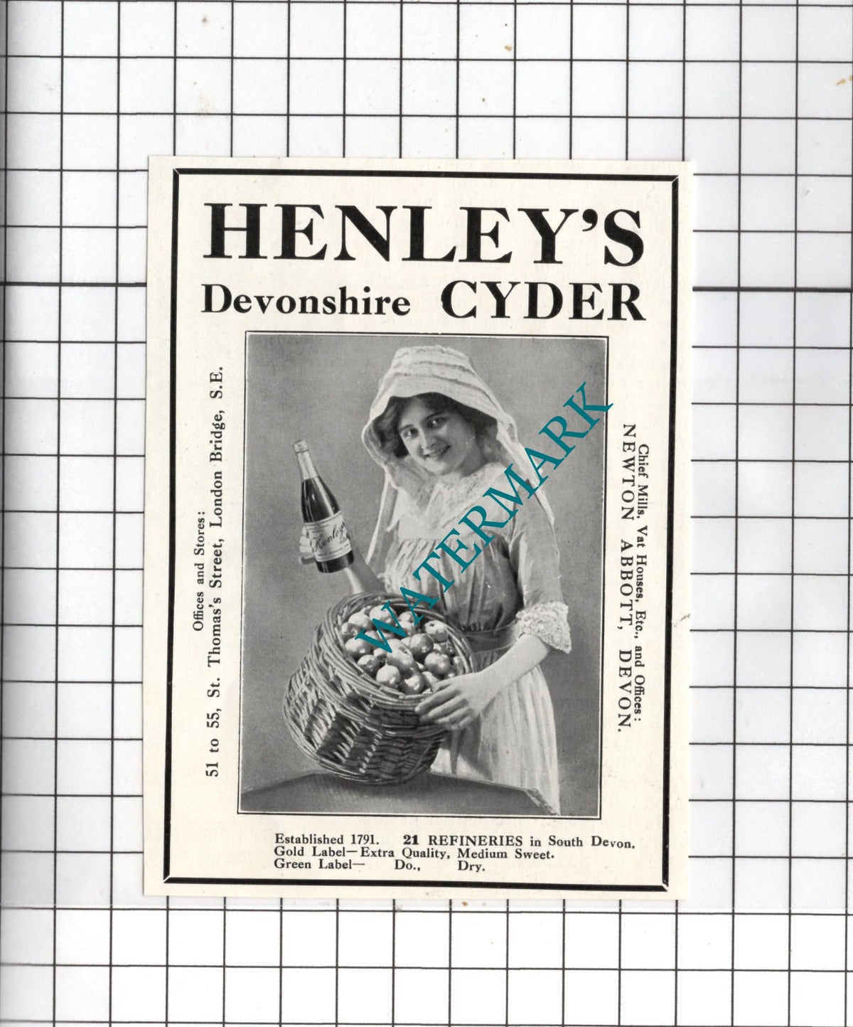 Henley's Devonshire Cyder Newton Abbott Devon Cider  - c.1913 SMALL Advert