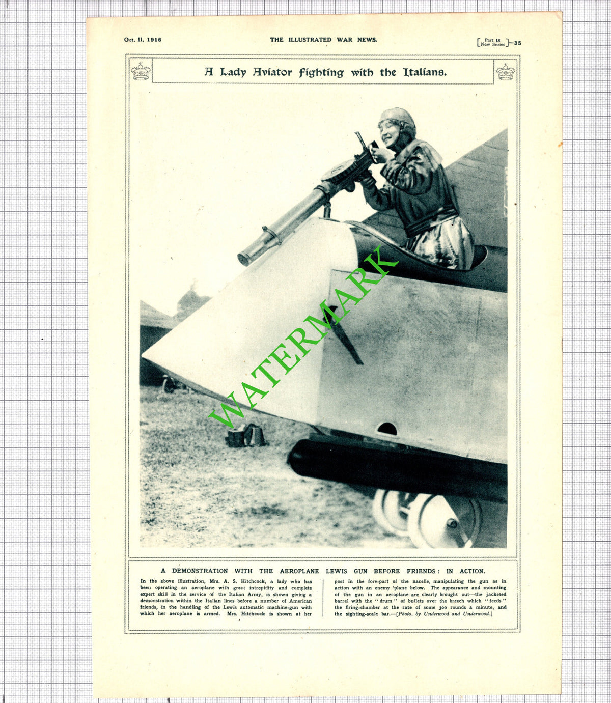 Mrs A S Hitchcock Aviator Italian Army Great War WW1 - 1916 Cutting  / Print