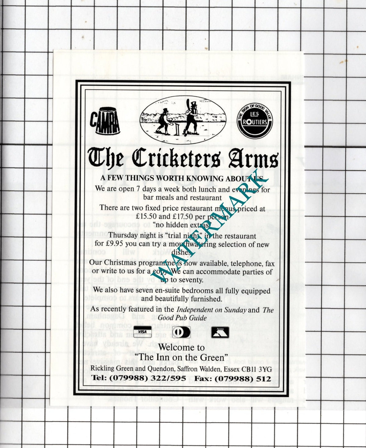The Cricketers Arms Saffron Walden Essex - 1991 Small Advert