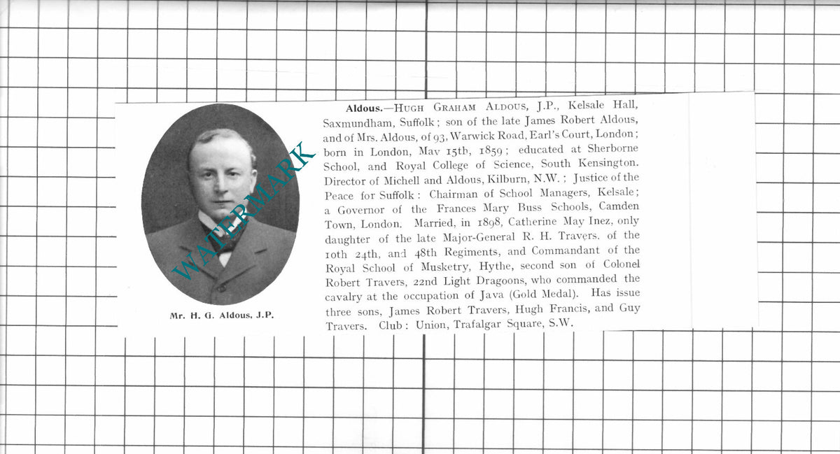 Hugh Graham Aldous Kelsale Hall Saxmundham Suffolk - 1911 Clipping