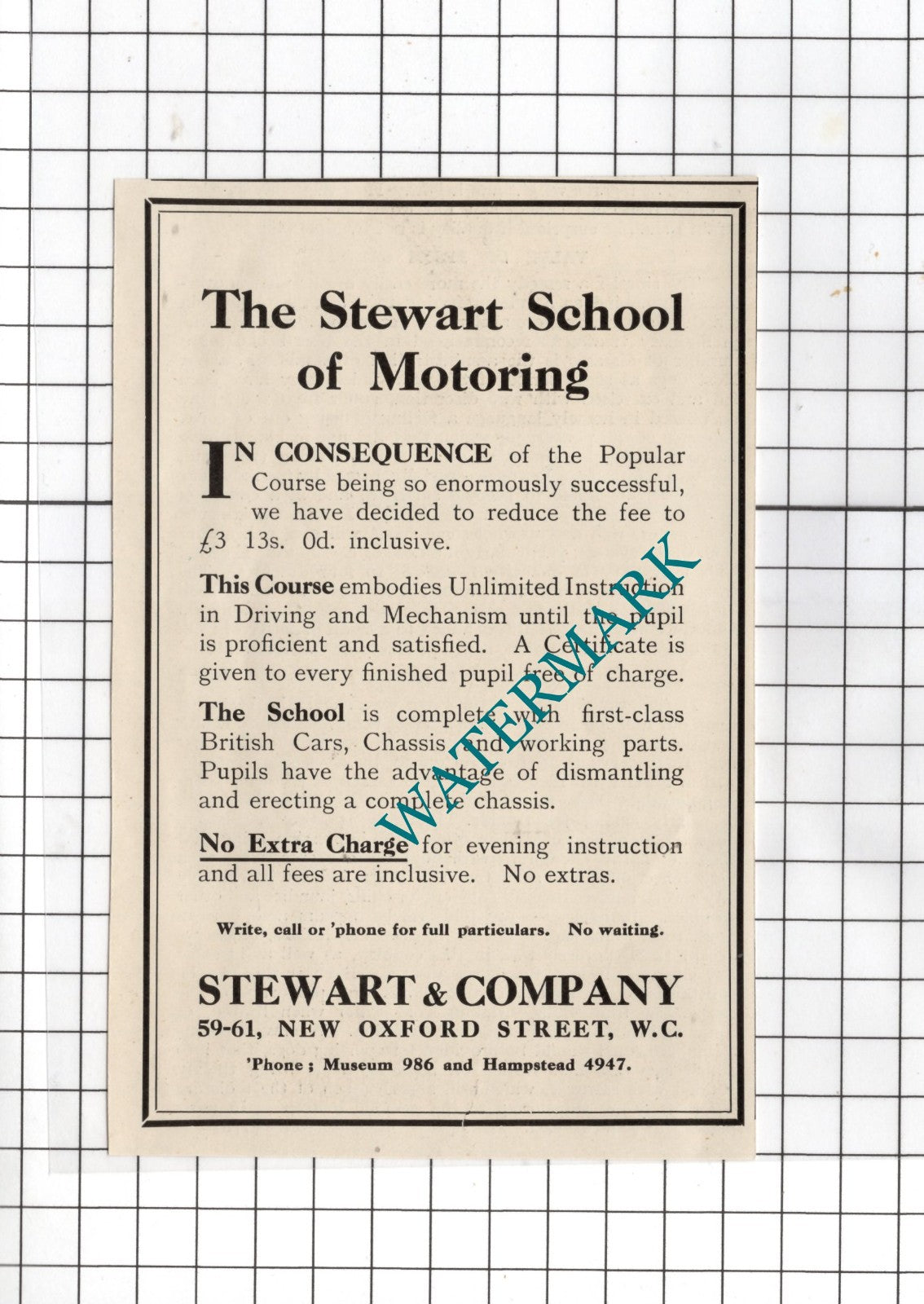 Stewart & Company London The Stewart School Of Motoring Small Advert - 1916