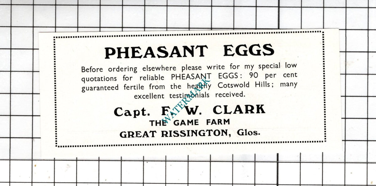 Captain F W Clark The Game Farm Great Rissington Gloucester -  1932 SMALL ADVERT