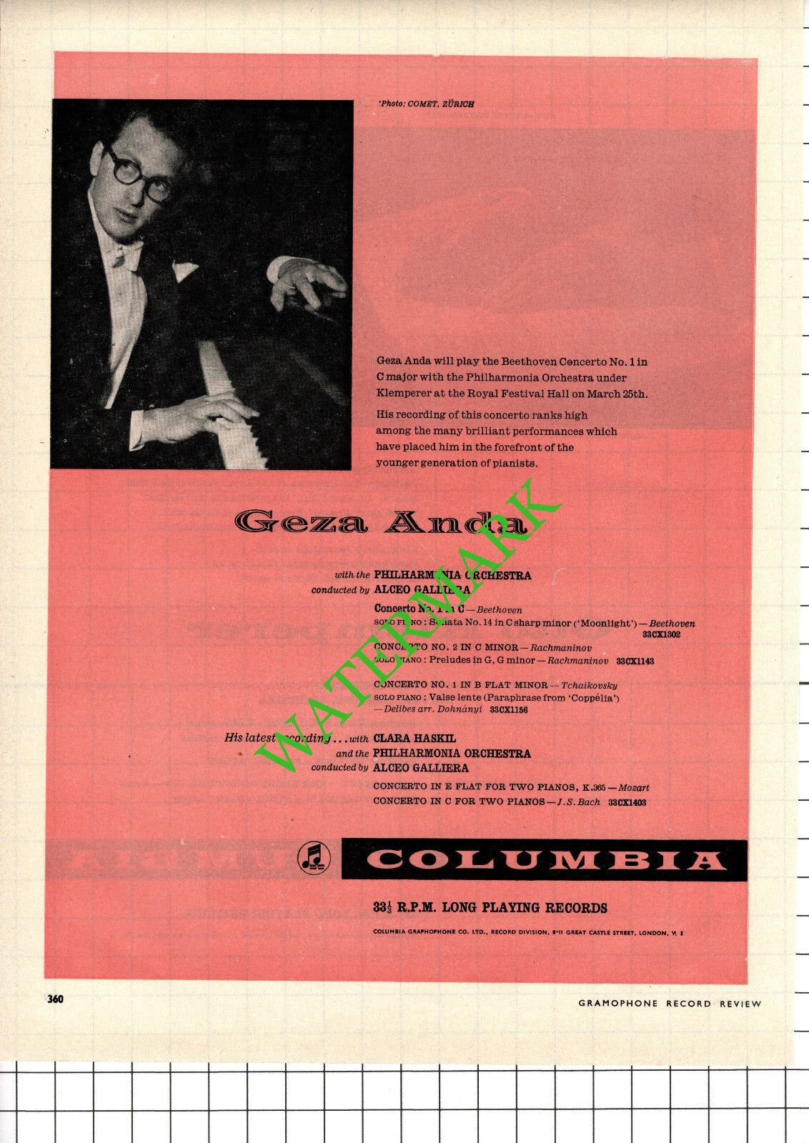 Geza Anda / Otto Klemperer Advert - 1957 Cutting