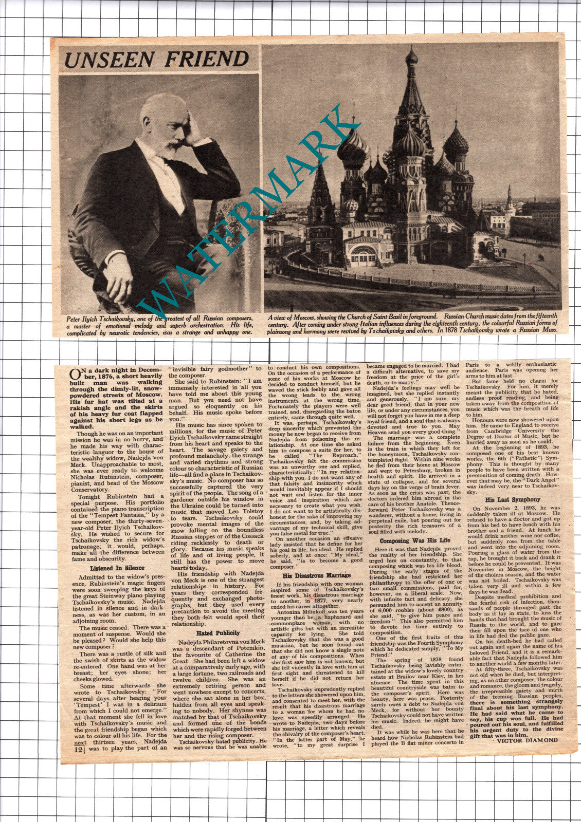 Peter Ilyich Tschaikovsky Russian Composer - c.1948 Two-Part Cutting