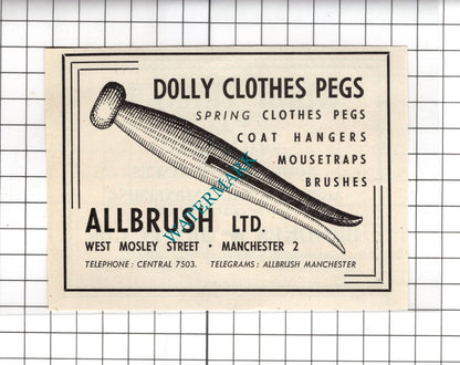 Allbrush Ltd Manchester Clothes Pegs / Brookes & Orton Ltd Walsall  -1954 Advert