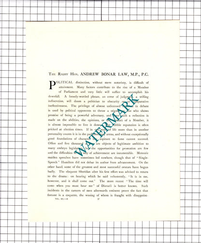 The Right Hon Andrew Bonar Law MP  - c.1920 Print / Article
