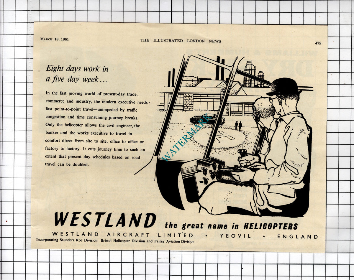 Westland Aircraft Ltd Yeovil Helicopters Advert  - 1961  Cutting