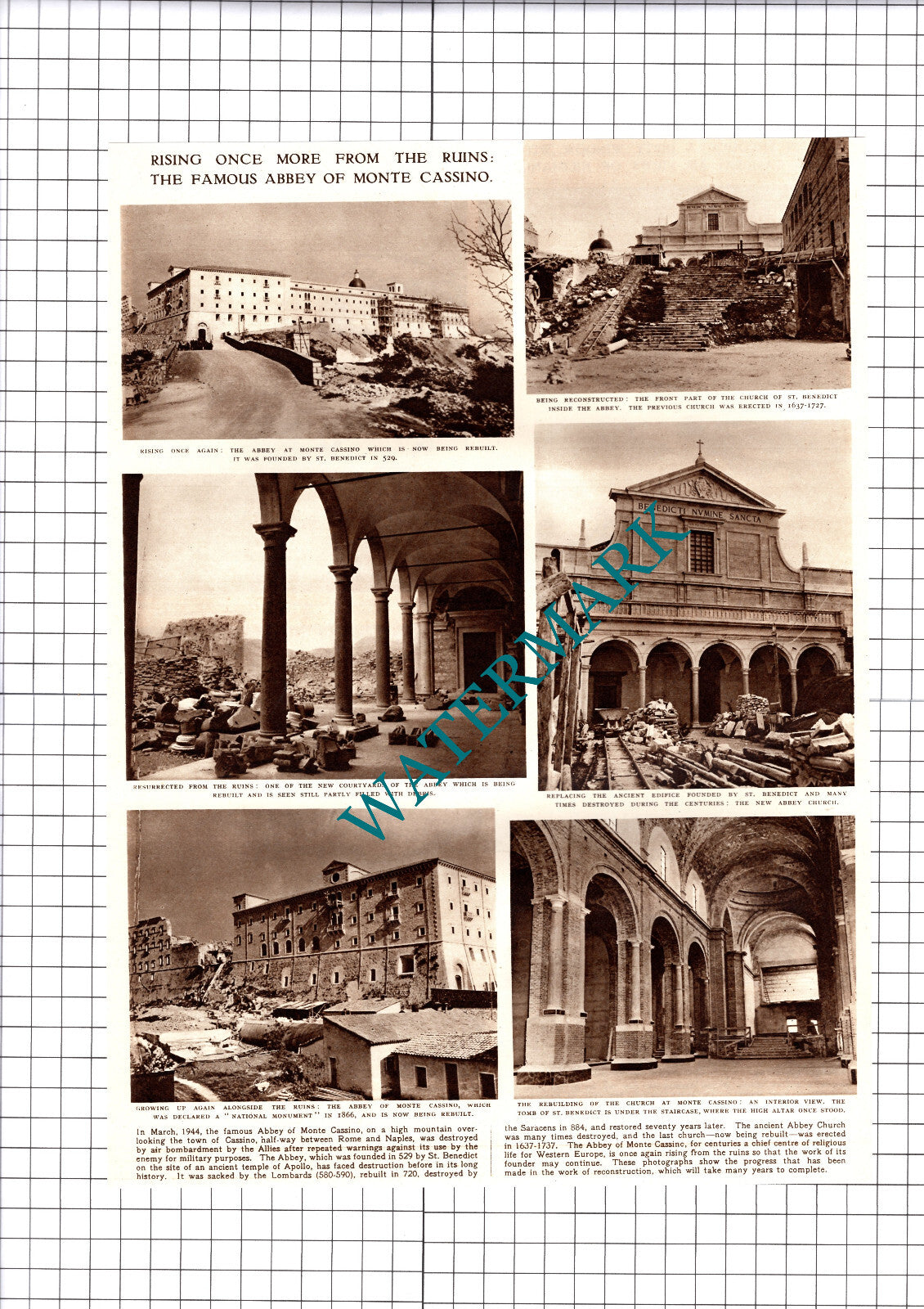 Abbey Of Monte Cassino Rebuilt  - 1952 Cutting / Print