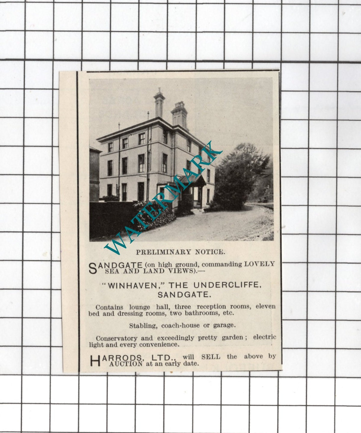 Winhaven The Undercliffe Sandgate Kent   - 1916 SMALL House Sale Advert