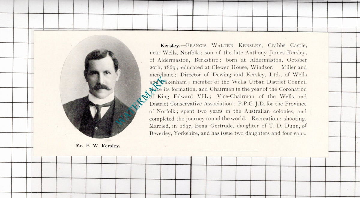 Francis Walter Kersley Crabbs Castle Norfolk Aldermaston  - 1911 Clipping