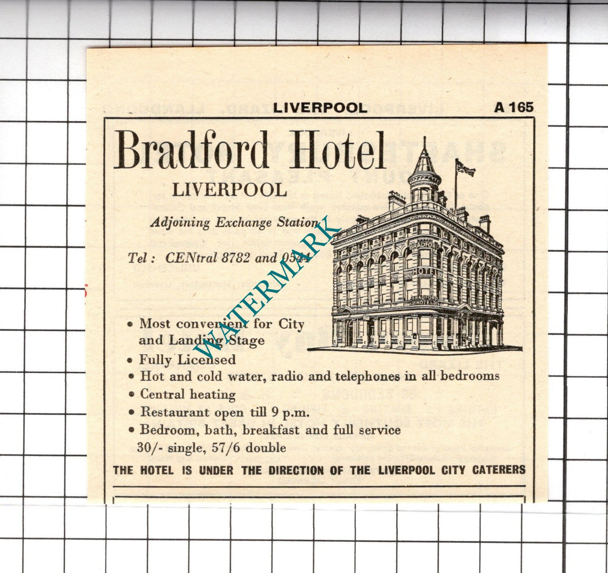 Bradford Hotel Liverpool Small Advert - 1958 Cutting