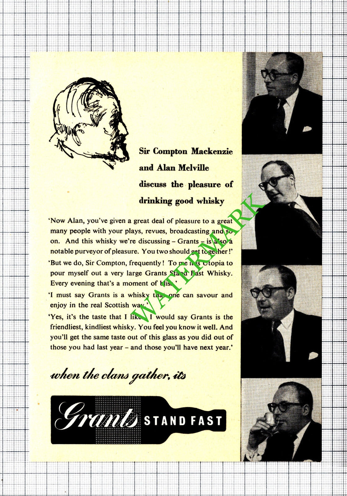 Sir Compton Mackenzie Alan Melville Grants Whisky Small Advert - 1956 Cutting
